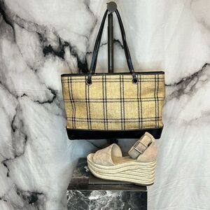 Maxx New York Beige Plaid Tote with Black Trim and Handles